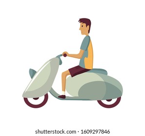 Vector modern creative flat design illustration featuring young man commuting on retro scooter. Man riding classic looking moped, side view
