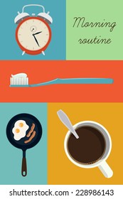 Vector modern creative flat design illustration on everyday morning routine like waking up, brushing teeth, preparing breakfast and drinking coffee 