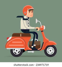 Vector modern creative flat design illustration featuring office worker commuting on retro scooter holding briefcase between legs | Man in helmet riding classic looking moped, side view