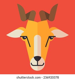 Vector modern creative flat design goat face icon | Goat head with horns isolated on red background