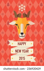 Vector modern creative flat design on new 2015 year symbol goat | Goat face with horns in happy new year greeting decoration template