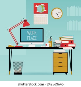 Vector Modern Creative Flat Design Office Work Desk With Stationery, Table Lamp, Personal Computer, Piles Of Papers, Wall Clock And More