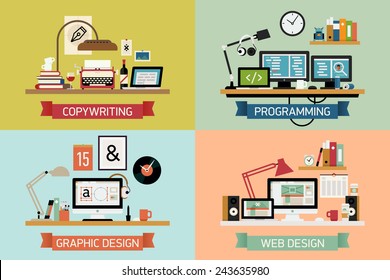 Vector Modern Creative Flat Design Illustration Set On Graphic Design, Programming And Developing, Copywriting And Editing, Web Design | Different Office Tables And Work Spaces 