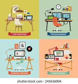 Vector modern creative flat design illustration set on graphic design, programming and developing, copywriting and editing, web design | Different office tables and work spaces 