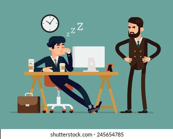 Vector modern creative flat design illustration on tired businessman at work | Exhausted office worker sleeping behind his desk while angry director is standing next