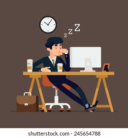 Vector modern creative flat design illustration on tired businessman at work | Exhausted office worker sleeping on his desk | Creative concept illustration on coffee addicted person sleeping at work