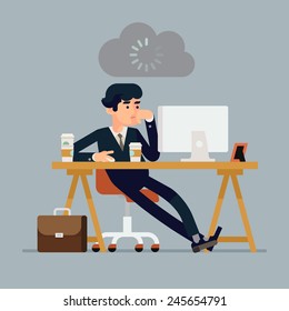 Vector modern creative flat design illustration on tired businessman at work | Bored office worker procrastinating behind his desk | Person at work waiting to be inspired to manage daily tasks