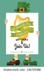 Vector modern creative flat design illustration for St. Patrick's Day greeting postcard, web banner, wall decoration poster or social media marketing design with leprechaun holding visual frame