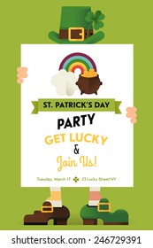 Vector modern creative flat design illustration for St. Patrick's Day greeting postcard, web banner, wall decoration poster or social media marketing design with leprechaun holding visual container