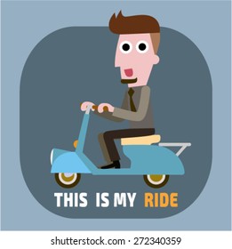 Vector modern creative flat design illustration. man with mustache  wearing tie and  riding retro scooter |  hipster man riding retro scooter. characters riding fast retro scooter.  side view 