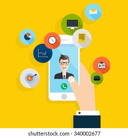 Vector modern creative flat design on hand holding mobile phone with business consultation service.