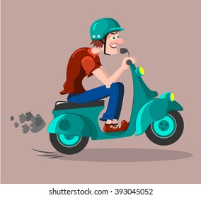 Vector modern creative flat design illustration featuring character traveling on retro scooter. Man in helmet riding classic looking moped, side view