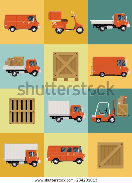 Vector modern\
creative flat design logistics fleet vehicles icons set featuring\
cargo trucks and vans, delivery scooter, forklift, cardboard and\
wooden boxes and\
containers