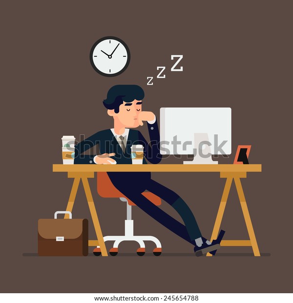 疲れたビジネスマンが仕事をしている場合の 現代のクリエイティブフラットデザインイラストのベクター画像 疲れ果てたオフィスワーカーが机 の上で寝ている 職場で寝ているコーヒー中毒の人のクリエイティブコンセプイラスト のベクター画像素材 ロイヤリティフリー