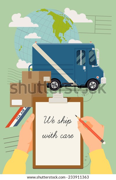 Vector modern creative flat style concept design\
on worldwide delivery service featuring globe, cardboard boxes,\
cargo truck and human hands holding clipboard with sample text on\
paper and pencil