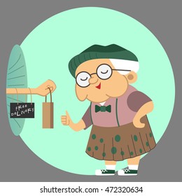 Vector modern creative free delivery concept illustration featuring customer grandmother isolated and black sign on the arm from the hole with sample text | Character old woman funny hipster