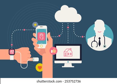 Vector modern creative infographics design on modern high tech devices using in everyday life showing man tracking his health condition with smart bracelet, mobile application and cloud services
