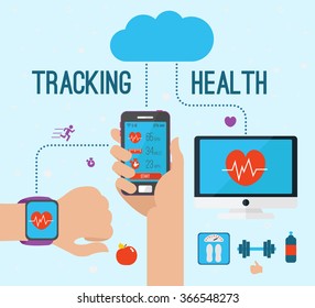 Vector modern creative infographics design on modern high tech devices using in everyday life showing man tracking his health condition with smart bracelet, mobile application and cloud services