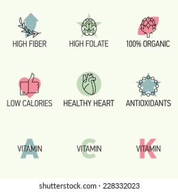 Vector modern creative line icons on healthy organic food benefits | Set of nine food features such as high fiber, organic, low calories, antioxidants and vitamins