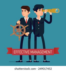 Vector modern creative web banner template on effective management team leading and marketing strategy in business and industry | Businessmen holding steering wheel and looking through spyglass