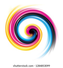 Vector modern creative wonderful eddy aqua backdrop pattern of vivid primary dye gamma full-colour printout technology process glossy curvy spraying ripple disk. Closeup view with space for text