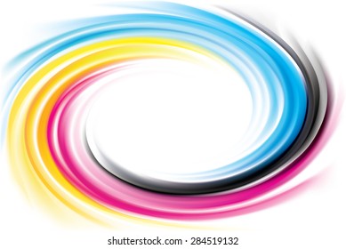 Vector modern creative wonderful eddy aqua backdrop pattern of vivid primary dye gamma full-colour printout technology process glossy curvy spraying ripple disk. Closeup view with space for text