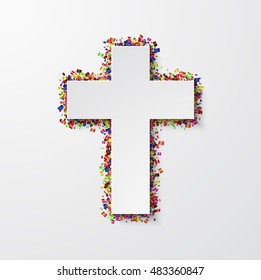 Vector modern cross with confetti on white background