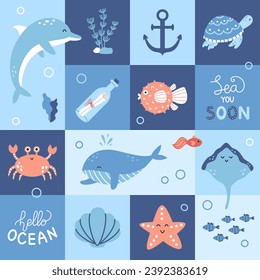 Vector modern cute geometric seamless pattern with sea animals. Funny marine illustration. Fish and ocean animals in square shapes. Underwater life.