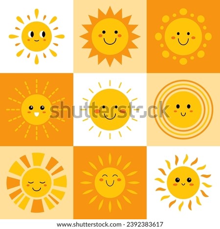 Vector modern cute geometric seamless pattern with suns. Funny sunshine illustration. Smiling suns in square shapes.