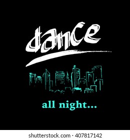 Vector modern dance studio logo isolated. Night club, dance floor icon, label, brand mark. Dance school insignia. Hand drawn city scape. Contour drawing.