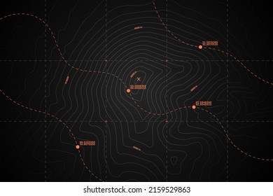 Vector Modern Dark Grey Topography Contour Map With Relief Elevation. Geographic Terrain Area Satellite View Digital Cartographic UI. Mountains Hiking Route Coordinates Abstract Illustration svg