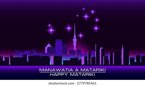 Vector modern dark purple silhouette of festive night city with towers and skyscrapers. Bright glow. Radiant stars. Pleiades. New Zealand. Happy Maori New Year Matariki. Greeting card. Respect and veneration