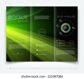 Vector modern dark tri-fold brochure design template with colorful green smooth light beams background