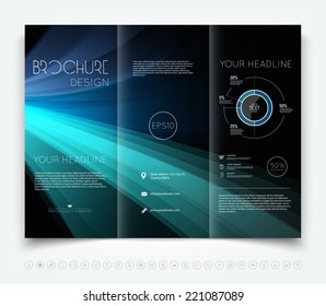 Vector modern dark tri-fold brochure design template with colorful blue smooth light beams background