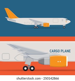 Vector modern delivery transport web icon on standing commercial freight cargo jet airliner plane, flat design, side view, isolated 