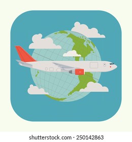 Vector modern delivery web icon on flying transport freight cargo jet airliner plane, flat design, side view, planet globe with clouds on background