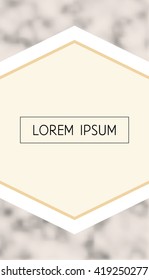 Vector modern design card with marble texture and geometric pattern. Pastel beige color background. Place for text