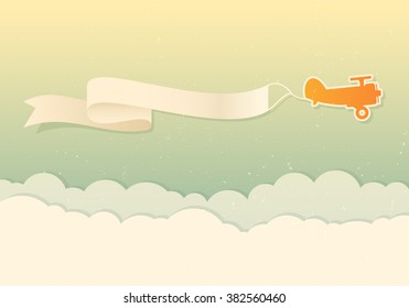 Vector modern design for flying advertising banners. Retro yellow plane with banner above the clouds.
