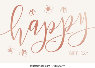 Vector modern design Happy birthday card with brush lettering. Background with gift box