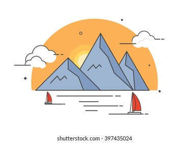 Vector modern design illustration. Geometric style. Nature, mountains, sea, and boats with red sails