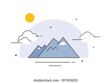 Vector modern design illustration. Geometric style. Nature, cloudy sky, sea, and mountains