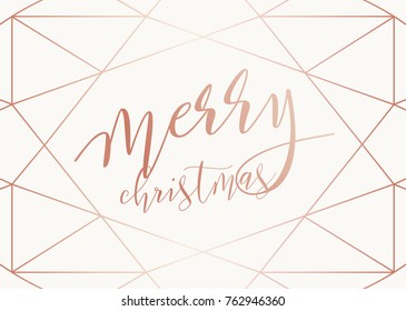 Vector modern design Merry christmas card with lettering. Art Deco geometric rose gold pattern