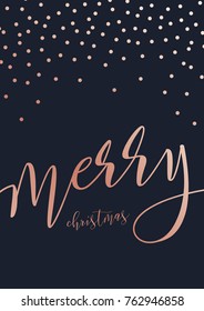 Vector modern design Merry christmas card with brush lettering. Dark background with gold confetti