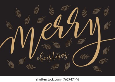 Vector modern design Merry christmas card with brush lettering. Dark background with fir branches