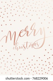 Vector modern design Merry christmas card with brush lettering. Background with gold confetti.