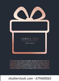 Vector modern design template with silhouette gift box on a dark background. Rose gold foil.