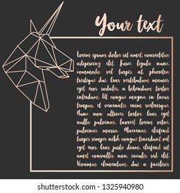 Vector modern design template with unicorn. Art Deco Geometric Rose Gold Pattern