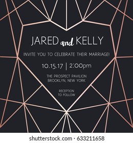 Vector Modern Design Template For Wedding Invitation. Rose Gold Geometric Heart Pattern