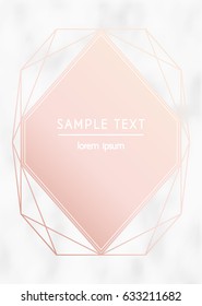 Vector modern design template for wedding or birthday invitation; brochure; poster or business card. Rose gold geometric diamond on marble texture background