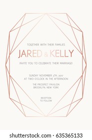 Vector modern design template for wedding invitation. Background with rose gold diamond